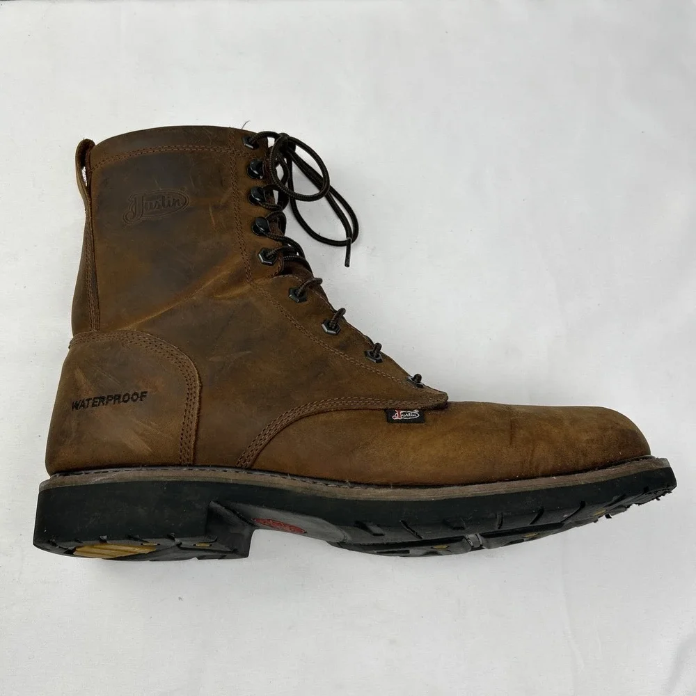 Justin Steel Toe Lace Up Waterproof Work Boots WK961 Men's Sz 13 D Brown Leather